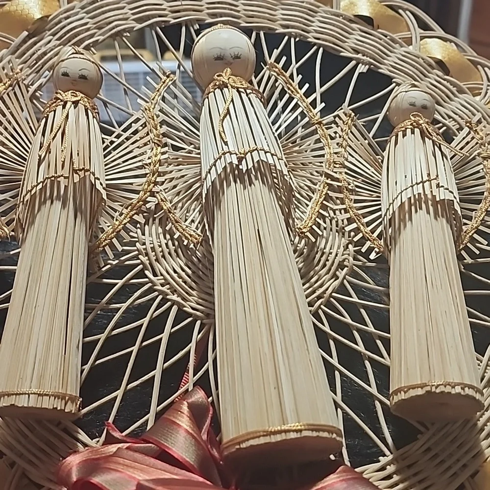 Handcrafted Straw Wall Hanging with Ribbon,Angels.